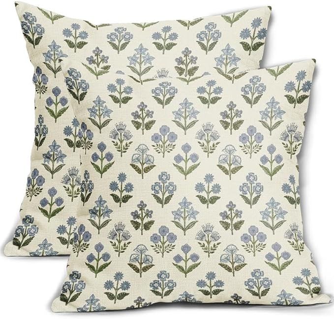 Blue Green Block Print Pillow Covers 18x18 Inch Set of 2, Vintage Floral Decorative Throw Pillow ... | Amazon (US)