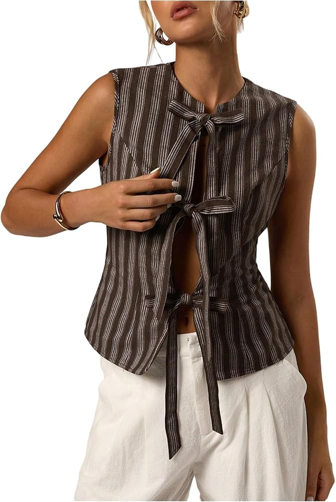 MakeMeChic Women's Striped Vest Tops Sleeveless Bow Tie Front Tops Going Out | Amazon (US)