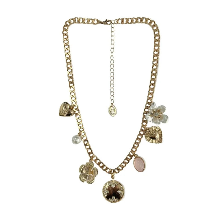 Time and Tru Flower and Heart Charm Necklace with Pink and Gold Charms | Walmart (US)