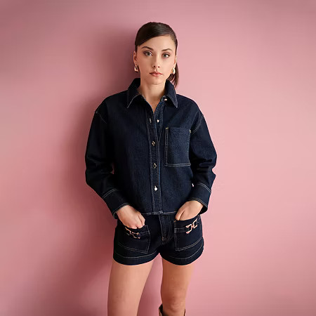 Bold Elements x Ally Brooke Womens Oversized Long Sleeve Easy Care Button-Down Shirt, Petite X-small, Blue | JCPenney