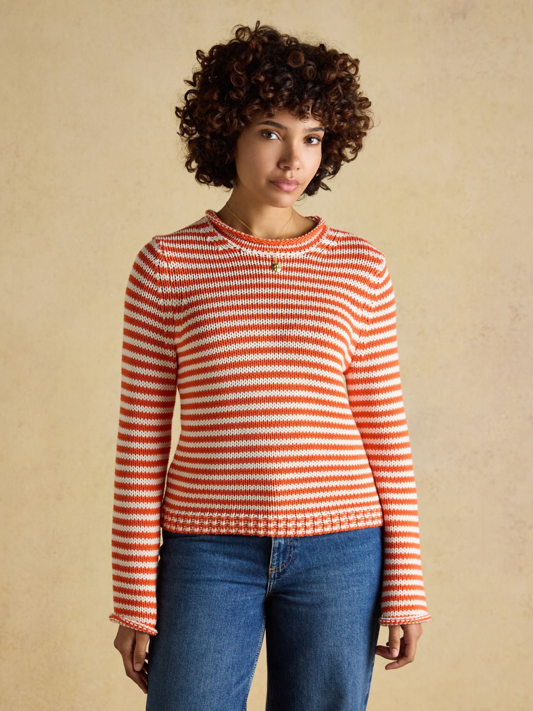 Orange & White Striped Cotton Crew Neck Jumper | Joules | Joules