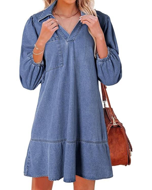Dokotoo Denim Dress for Women Summer Casual Babydoll 2025 V Neck 3/4 Puff Sleeve Jean Dresses | Amazon (US)