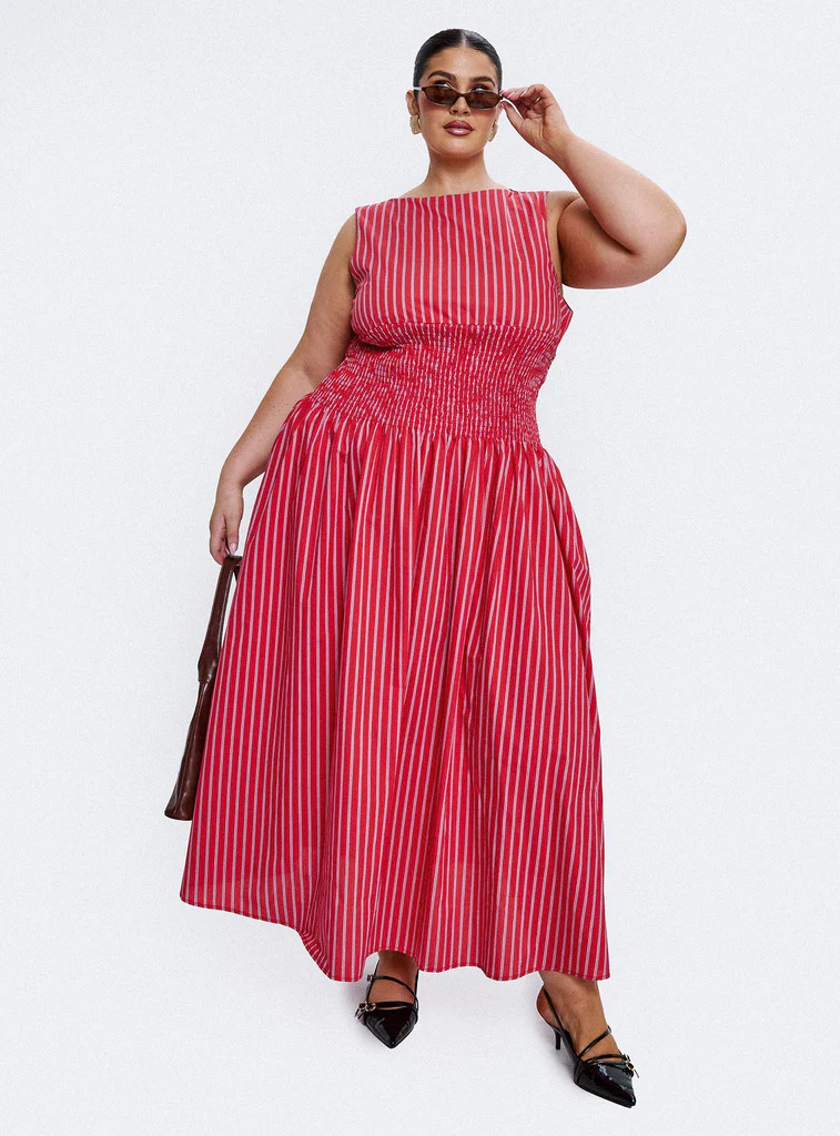 Lilienne Cotton Poplin Maxi Dress Red Stripe Curve | Princess Polly US