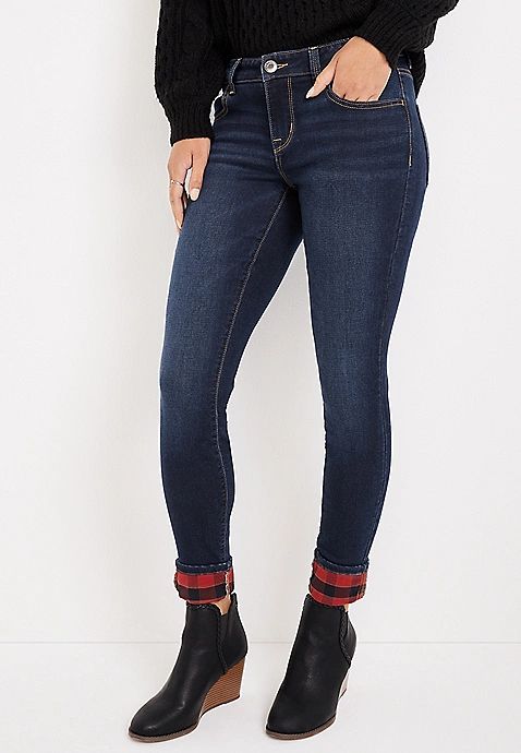 m jeans by maurices™ Super Soft Plaid Cuff Mid Rise Jean | Maurices