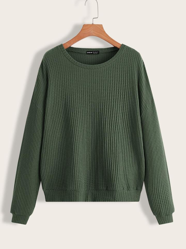 SHEIN LUNE Waffle Knit Drop Shoulder Pullover | SHEIN