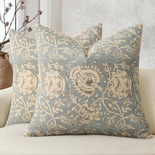 Sky Blue Vintage Floral Print Throw Pillow Covers 18 in. x 18 in.  Set of 2 YAL1SH - The Home Dep... | The Home Depot