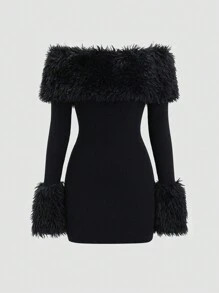 SHEIN MOOSTA Women Autumn/Winter Casual Everyday Elegant Patch Fluffy Trim Off-Shoulder Sweater D... | SHEIN