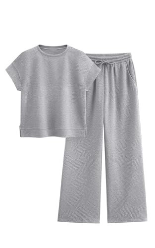 PRETTYGARDEN Short Sleeve Lounge Sets For Women 2026 Summer 2 Piece Matching Set Textured Casual Sweatsuit Outfits (Grey, Medium) | Amazon (US)