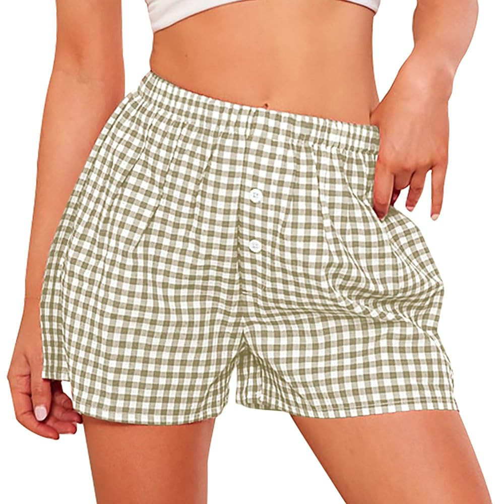 PRETTYGARDEN Womens Shorts Boxers 2025 Summer Gingham Pajama Lounge Sleep Y2K Plaid Pj Shorts Bea... | Amazon (US)