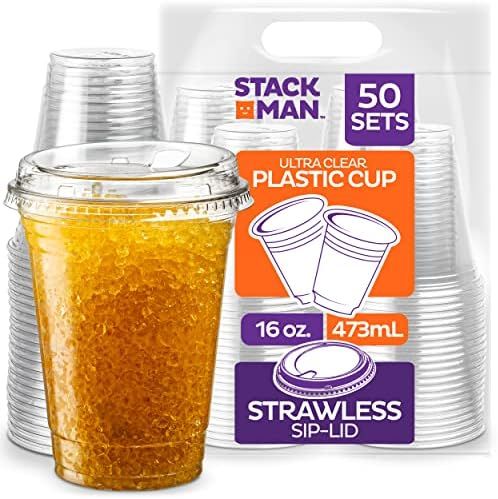 16 oz. Clear Cups with Strawless Sip-Lids, [50 Sets] PET Crystal Clear Disposable 16oz Plastic Cups  | Amazon (US)
