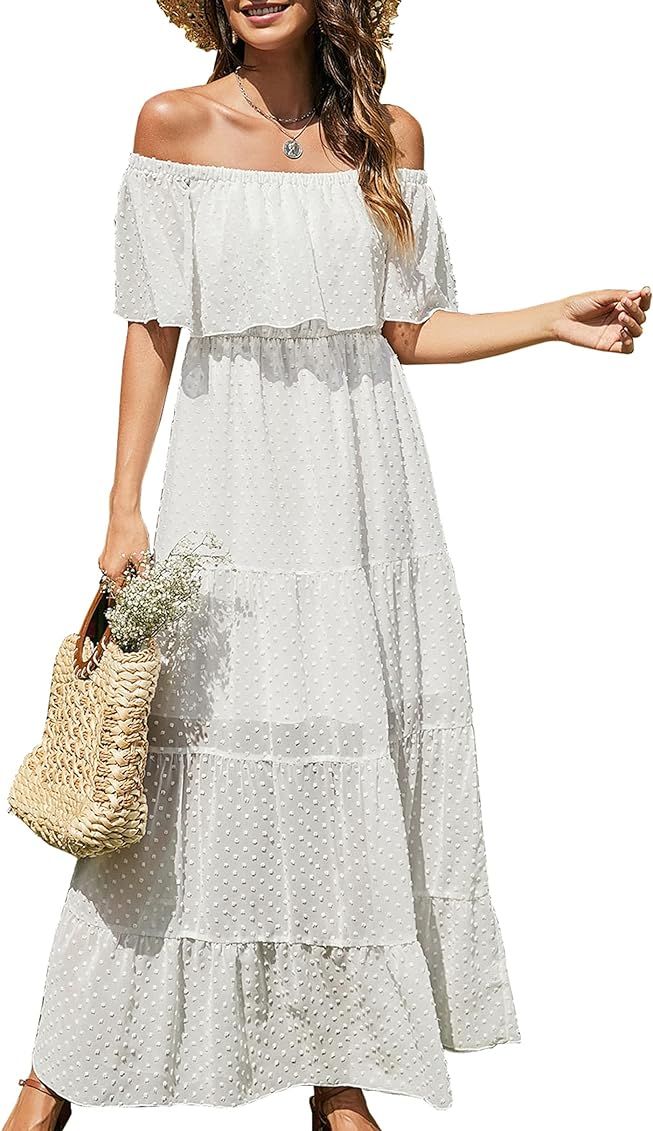 KIRUNDO Summer Women’s Off Shoulder Maxi Dress Polka Dots Short Sleeves High Waist Pleated Long Dres | Amazon (US)