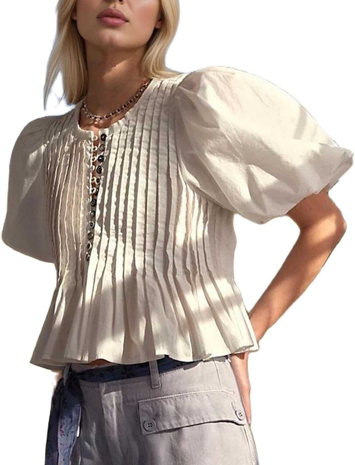 Women Y2k Short Puff Sleeve Crop Top Boho Ruched Crew Neck Buton Up Shirt | Amazon (US)