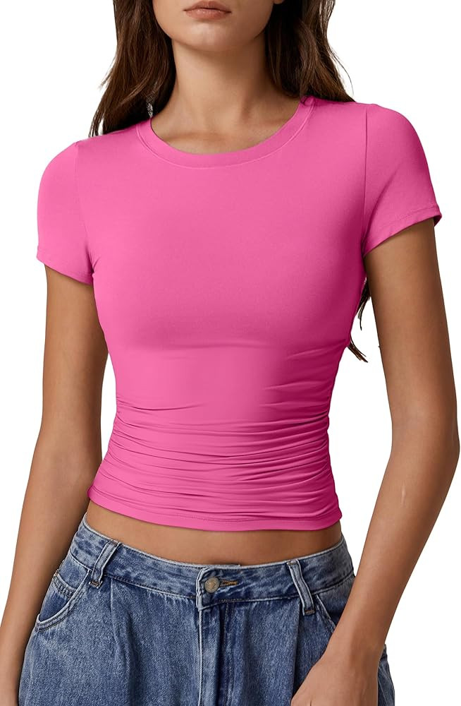 QINSEN Short Sleeve Shirts for Women Round Neck Basic Double Lined Tees Fitted Y2k Crop Tops | Amazon (US)