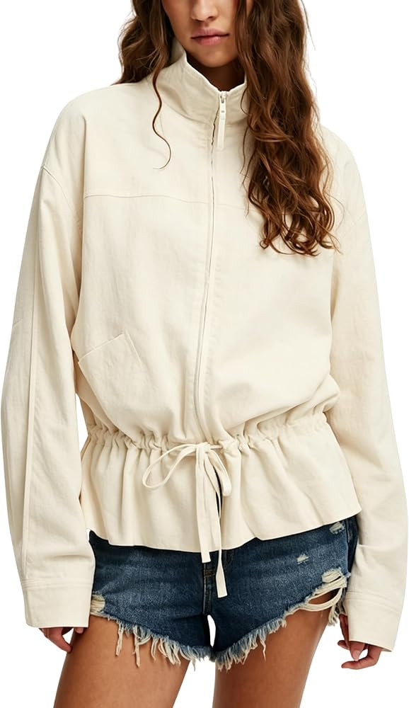 Qiaomai Womens Lightweight Zip Up Jacket Drawstring Waist Peplum Hem Coat | Amazon (US)