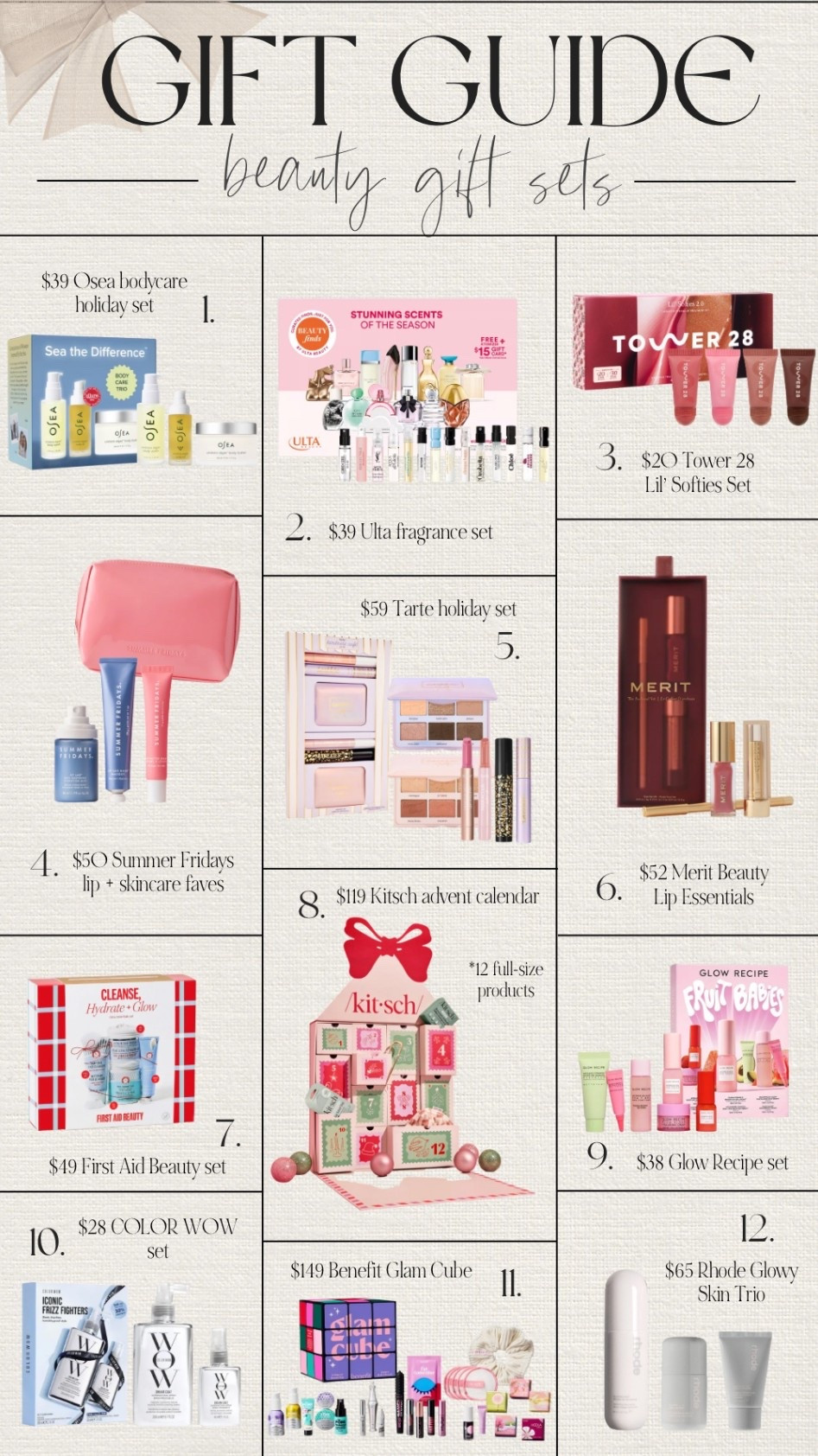 BEAUTY GIFT SETS HOLIDAY GIFT GUIDE: Beauty Gifts 🎁☃️ Here are our top recommended beauty gift ideas that any girl is guaranteed to love. 

From the Benefit Glam Cube and $59 Tarte holiday set to the $20 Tower 28 lil softies lip set and the Fruit Babies Glow Recipe set, you can’t go wrong with these holiday beauty gifts for her!

All of our 2025 Christmas Gift Guides (with more details on the products) are on sundaymimosasblog.com 💕

Skincare gift sets, makeup gift sets, Sephora holiday gifts, Sephora gift sets, Sephora beauty gift sets, Christmas gifts for teen girls, teen girl gift, tween girl gifts, gifts for her, gift guide for her, gifts for girlfriend, gifts for daughter

#LTKGiftGuide #LTKSeasonal #LTKBeauty
