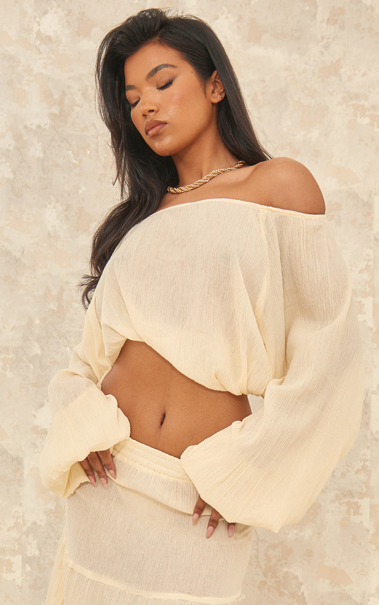 Pastel Yellow Cheesecloth Floaty Ruched Bardot Top | PrettyLittleThing US