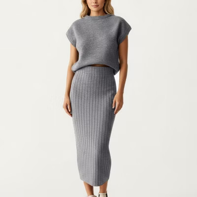 Anna-Kaci Women's Ribbed Knit Sleeveless Top and Matching High Waist Midi Skirt Set with Soft Textured Finish and Streamlined Fit - Small, Gray | Target