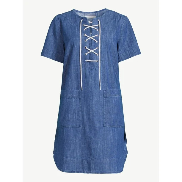 Free Assembly Women's Lace Up Mini Shift Dress with Short Sleeves, Sizes XS-XXXL | Walmart (US)