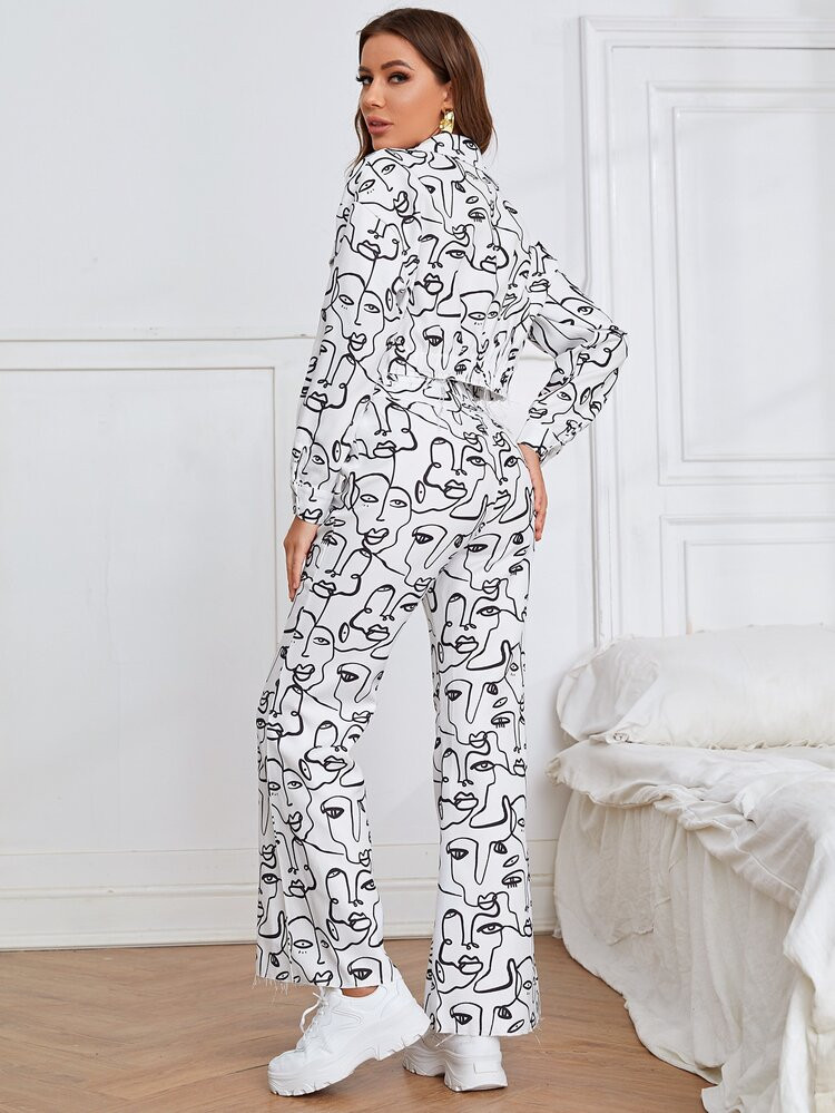SHEIN Figure Graphic Flap Pocket Crop Jacket & Flare Leg Pants | SHEIN