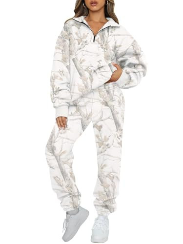 AUTOMET Women's Sweatsuits 2 Piece Outfits Lounge Sets Long Sleeve Half Zip Camo Sweatshirts and Baggy Sweatpants with Pockets CWhite S | Amazon (US)
