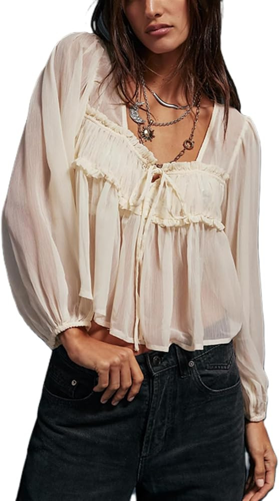 Women Mesh Sheer Shirt Poncho Tops Long Sleeve Ruffle Hem See Through Casual Chiffon Blouse Y2k G... | Amazon (US)