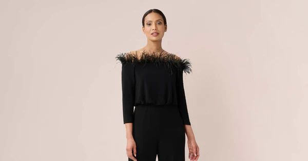 Feather-Trim Off-The-Shoulder Jersey Jumpsuit In Black | Adrianna Papell