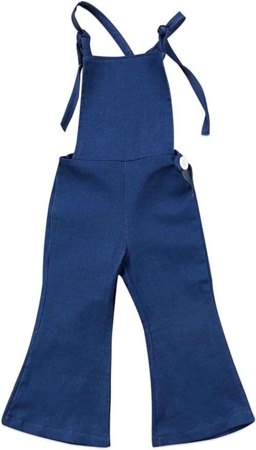 Baby Girls Little Kids Suspender Overall Flared Denim Jeans Jumpsuit Bell Elastic Blue Pants | Amazon (US)