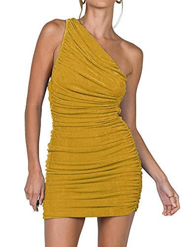 LYANER Women's Sexy One Shoulder Ruched Sleeveless Bodycon Mini Short Dress Yellow Medium | Amazon (US)