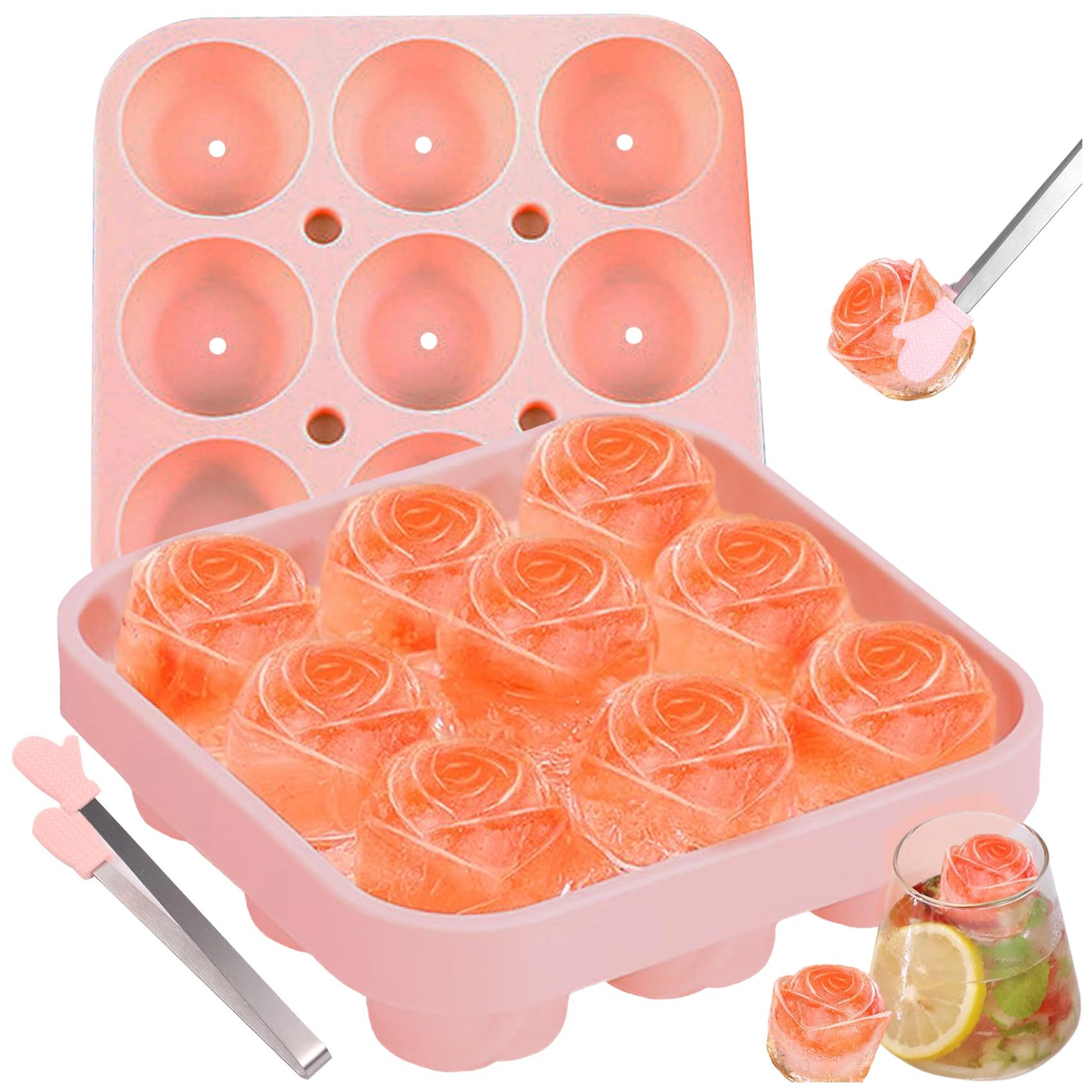 Ice Cube Mold with Lid, Silicone Rose Ice Cube Tray with Mini Tongs, Rose Ice Cube Trays for Free... | Amazon (US)