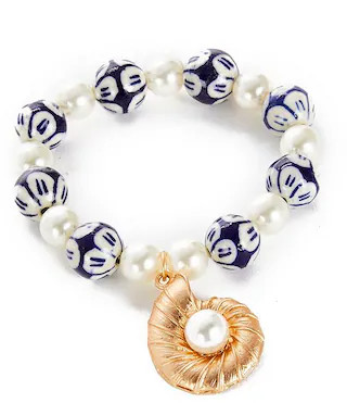 Resort Shell Charm Navy Floral & Pearl Beaded Stretch Bracelet | Dillard's