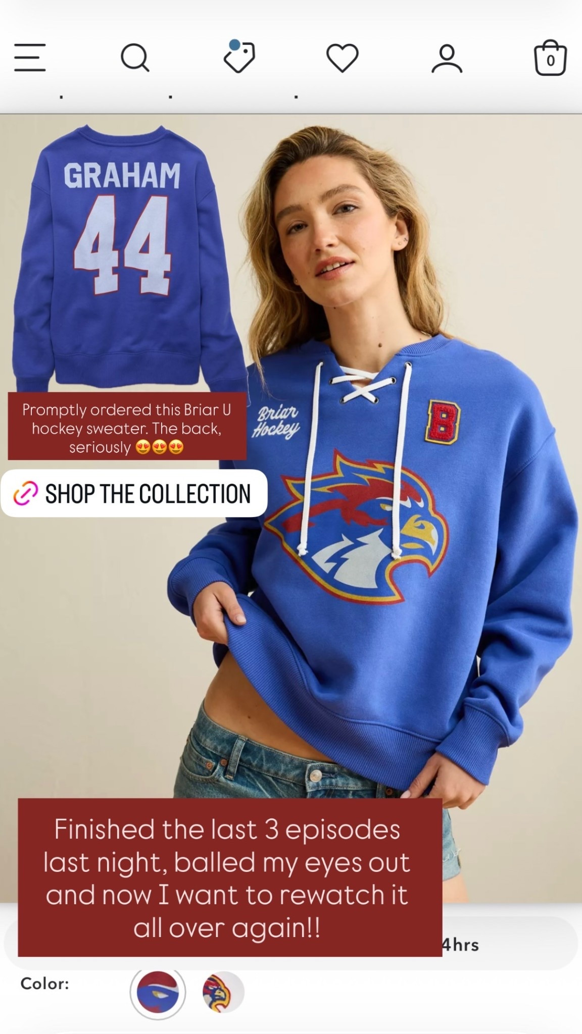 Finished the last 3 episodes last night, balled my eyes out and now I want to rewatch it all over again!! Promptly ordered this Briar U hockey sweater. The back, seriously 😍😍😍