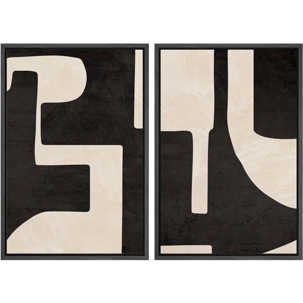 Black & White Geometric Paint Stroke Abstract Neutral Decor Framed Canvas 2 Pieces Print Wall Art | Wayfair North America
