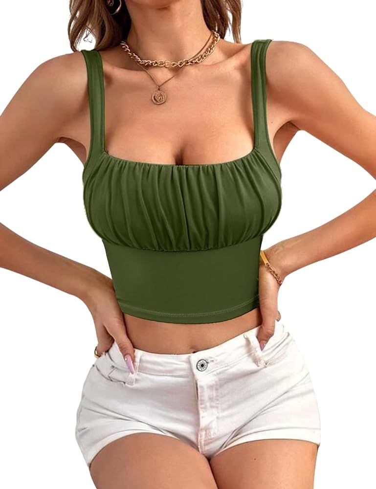 Womens Y2K Padded Crop Tops Ruched Summer Tank Top Camisole Sleeveless Going Out Scoop Neck Casual S | Amazon (US)