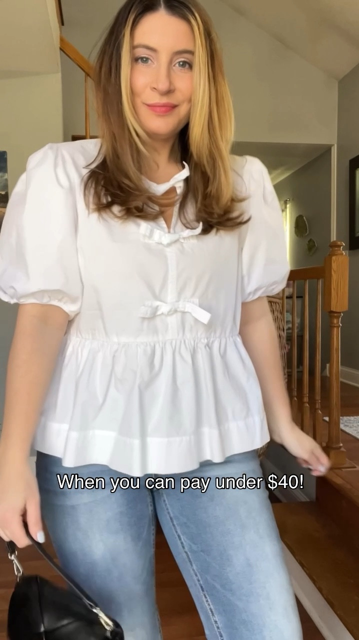 White peplum top, save vs splurge, designer look for less, straight leg jeans, buckle ballet flats, silver jewelry, spring outfit, spring fashion, casual outfit 

#LTKfindsunder50 #LTKstyletip #LTKsalealert