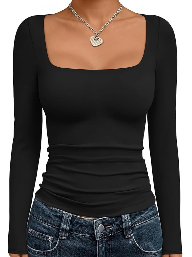 Trendy Queen Womens Double Lined Square Neck Long Sleeve Slightly Crop Slim Fit Tops Casual Layer... | Amazon (US)
