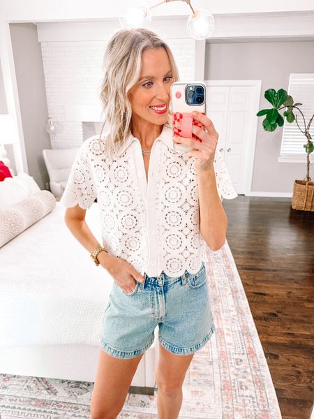 Abercrombie / Abercrombie top / crochet top / high rise shorts / denim shorts / spring outfit / summer outfit / classic style / feminine style 

#LTKfindsunder100 #LTKfindsunder50