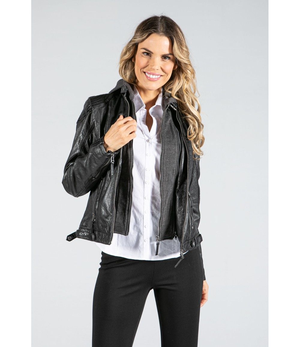 Hooded Leather Biker Jacket in Black | Pamela Scott 