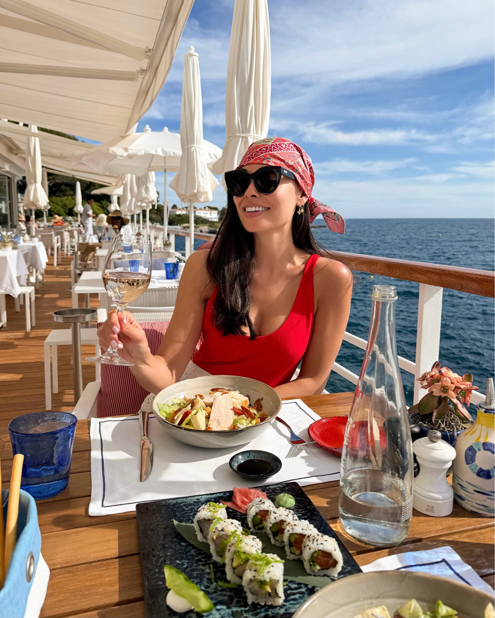 Skatie swimsuit (sold out, similar below), Hermes scarf (similar below), Pants are from the St. Tropez market (similar below!) Kat Jamieson style, summer outfit, red swimsuit, Hotel du cap Eden roc, swim, Euro summer outfits.

#LTKootd #LTKdayinmylife #LTKSwim