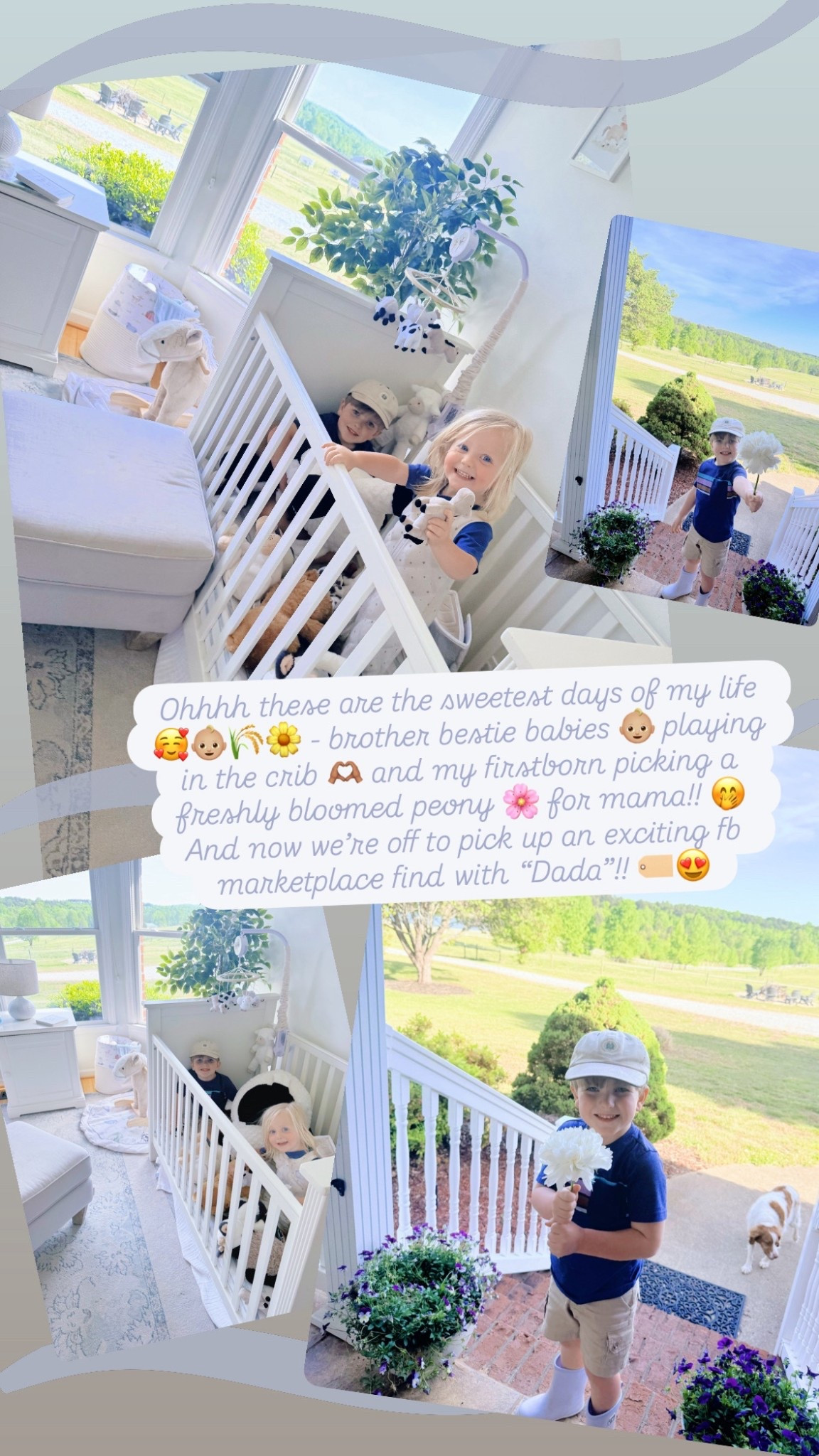 Ohhhh these are the sweetest days of my life 🥰👶🏼🌾🌼 - brother bestie babies 👶🏼 playing in the crib 🫶🏽 and my firstborn picking a freshly bloomed peony 🌸 for mama!! 🤭 And now we’re off to pick up an exciting fb marketplace find with “Dada”!! 🏷️😍