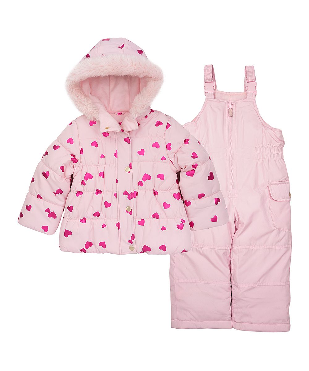 Carter's Girls' Puffer Coats HEART - Pink Foil Heart Parka & Pink Bib Pants Set - Girls | Zulily