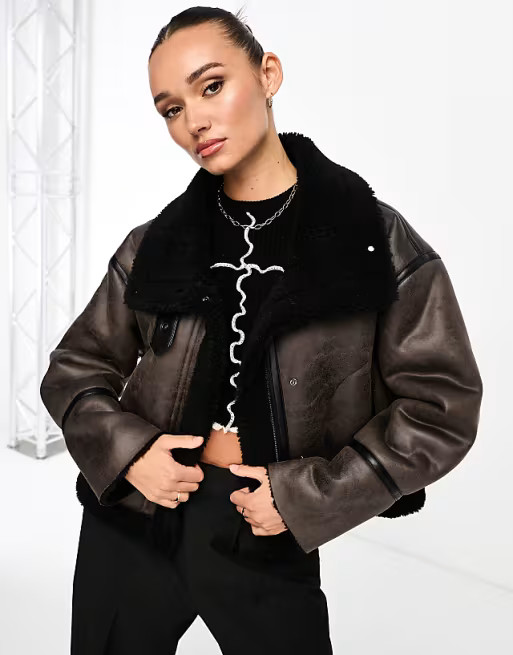 Stradivarius aviator jacket with contrast borg lining in brown | ASOS (Global)