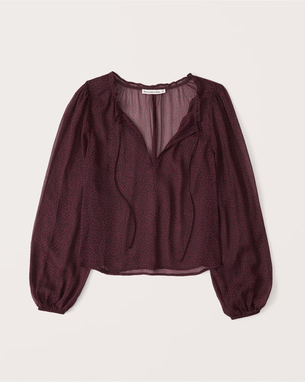 Long-Sleeve Tie-Front Chiffon Top | Abercrombie & Fitch (US)