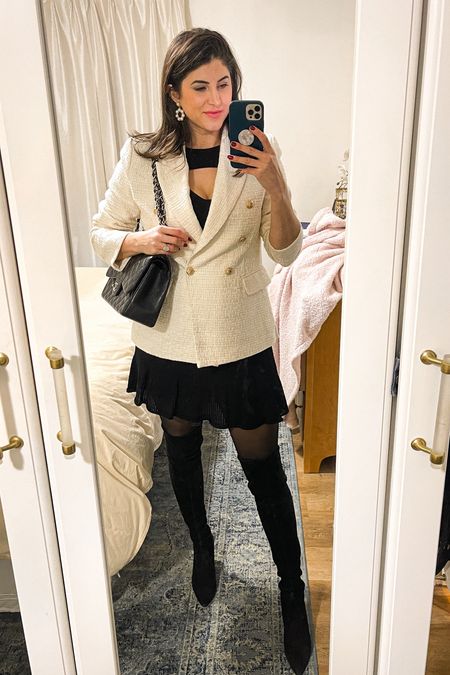 Fashion Influencer Laura Lily wearing Tweed white blazer from Revolve
Line & Dot tweed jacket 
Over the knee black suede boots 
Chanel jumbo flap handbag,
Classic elegant style 

#LTKworkwear