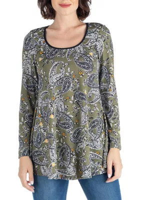 24seven Comfort Apparel Women's Army Green Paisley Long Sleeve Tunic Top, Small | Belk