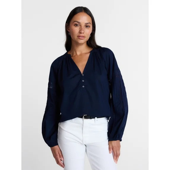 Time and Tru Women's Lace Insert Popover Full Sleeve Top, Sizes XS - XXXL | Walmart (US)