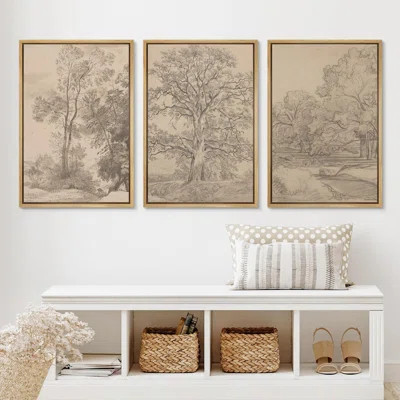 Vintage Forest Tree Sketch Rustic Countryside Landscape Picture Framed Canvas 3 Piece Print Wall Art | Wayfair North America