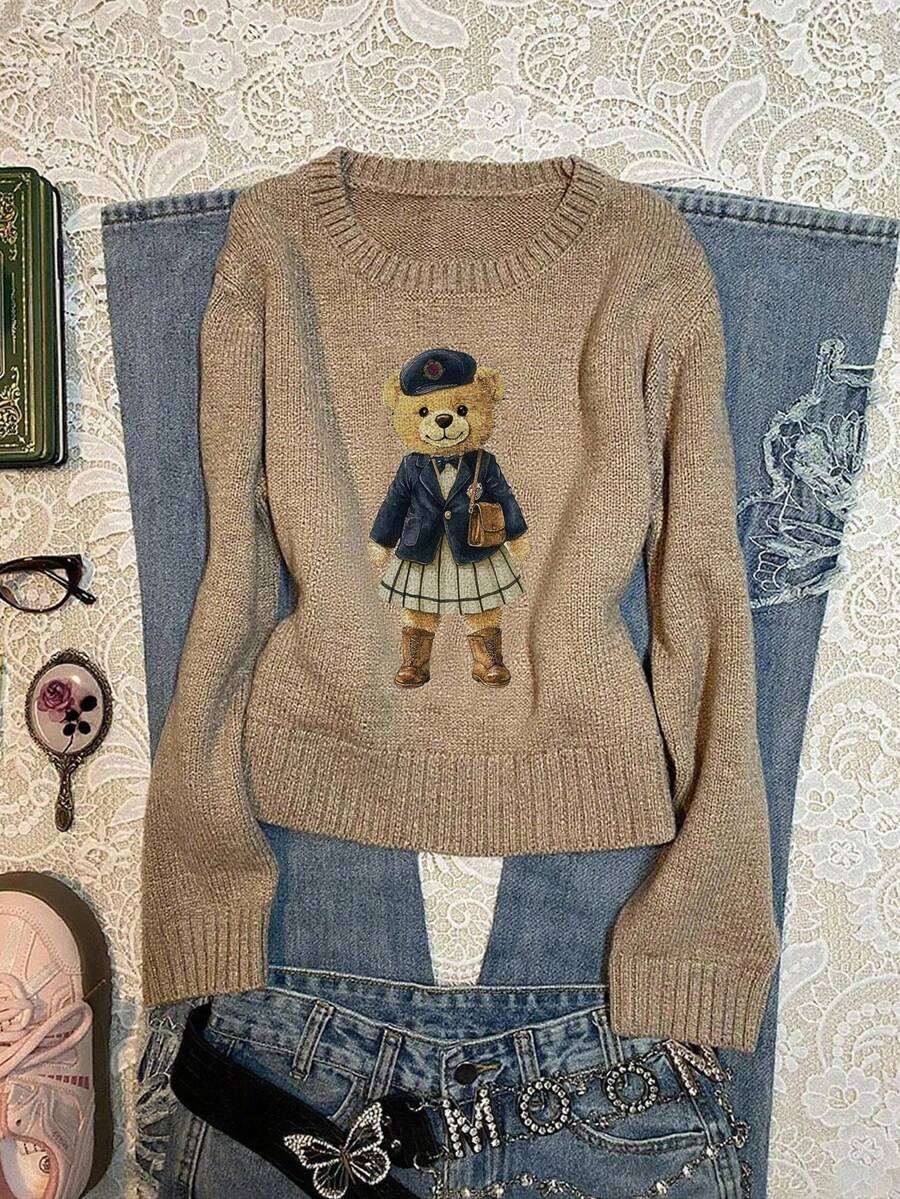 Attitoon Casual Retro Style Back To School Collegiate Vintage Look Cute Bear Graphic Knit Sweater... | SHEIN