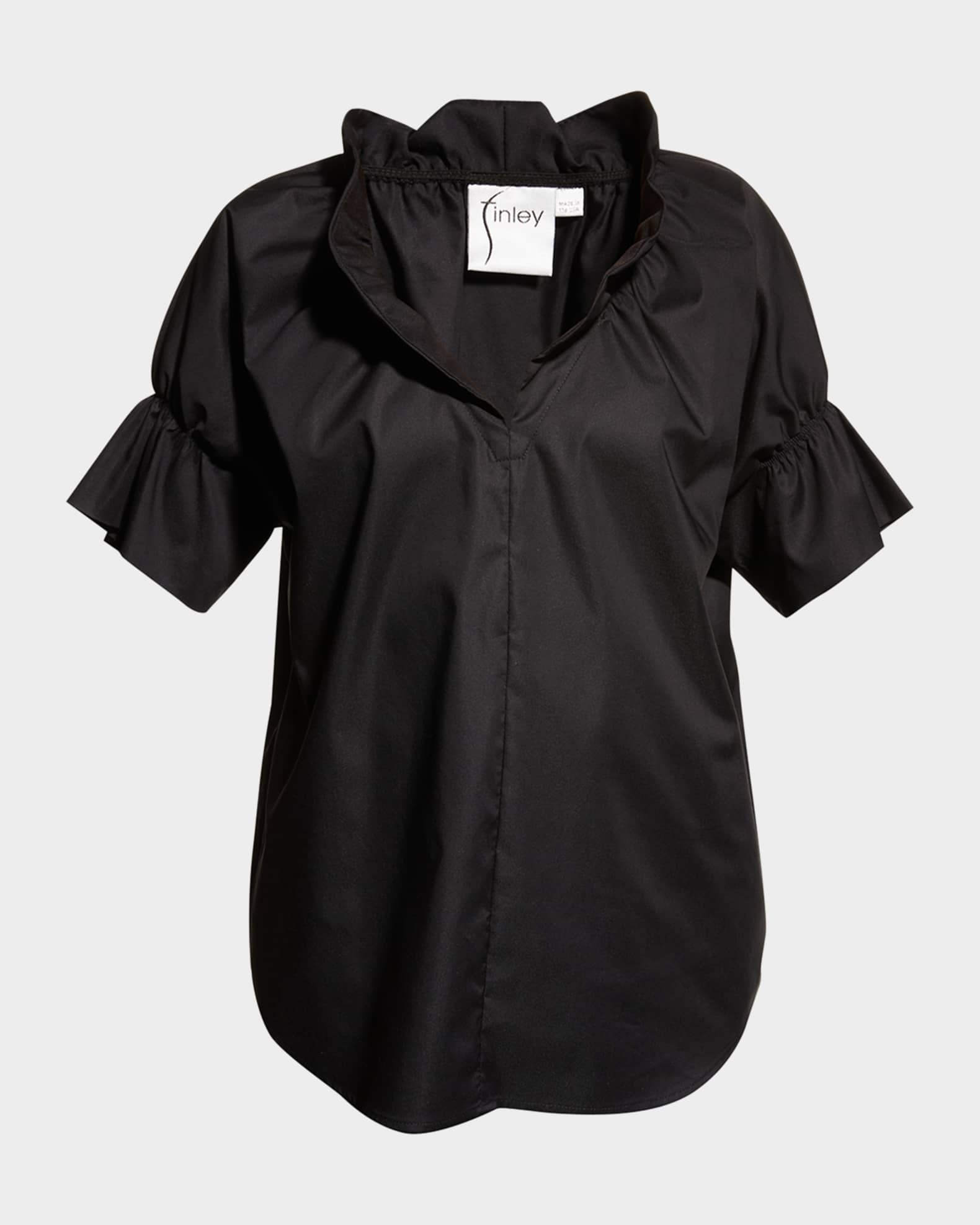 Crosby Flounce Neck & Sleeve Silky Poplin Shirt | Neiman Marcus