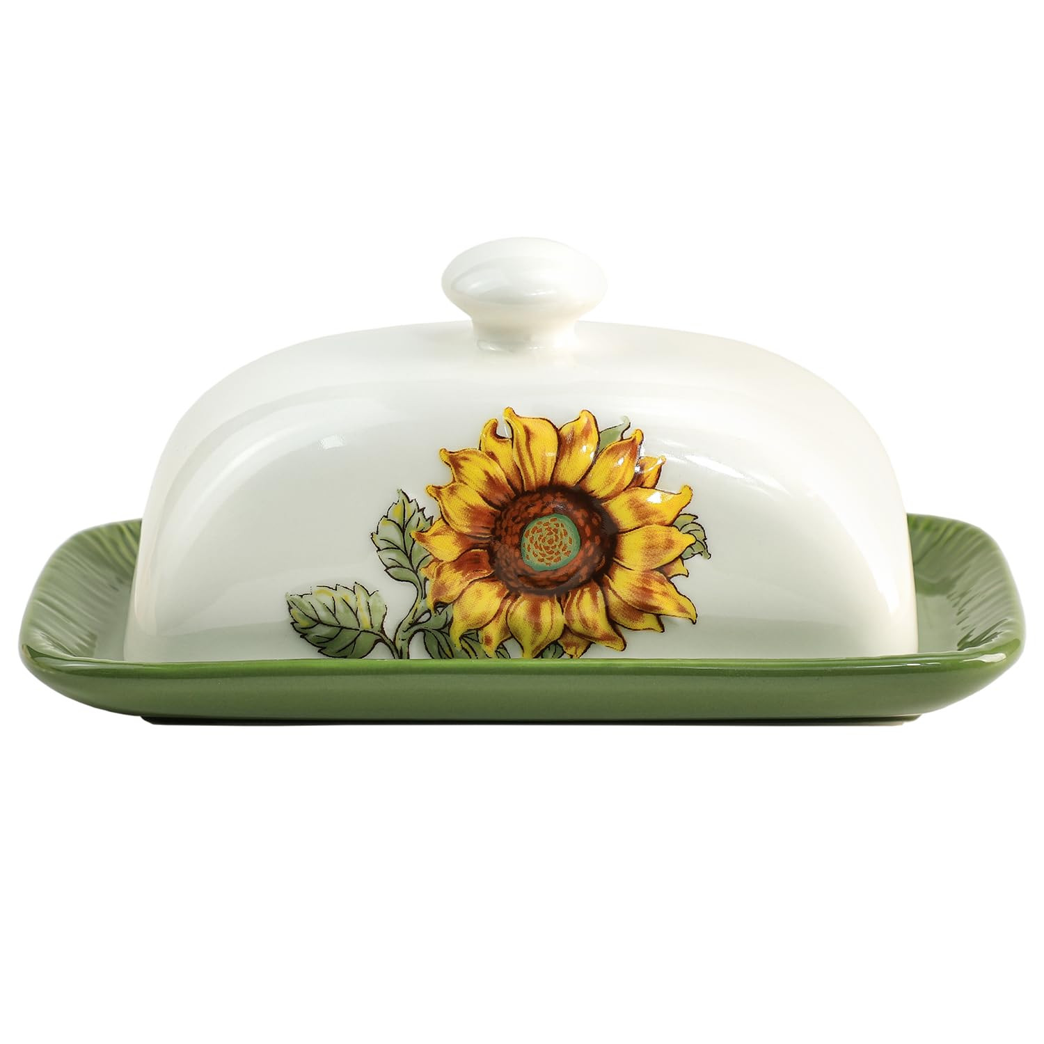 Ceramic Butter Dish With Lid - Keeper Plate Tray for Kitchen Countertop, Embossed Sunflower Patte... | Amazon (US)