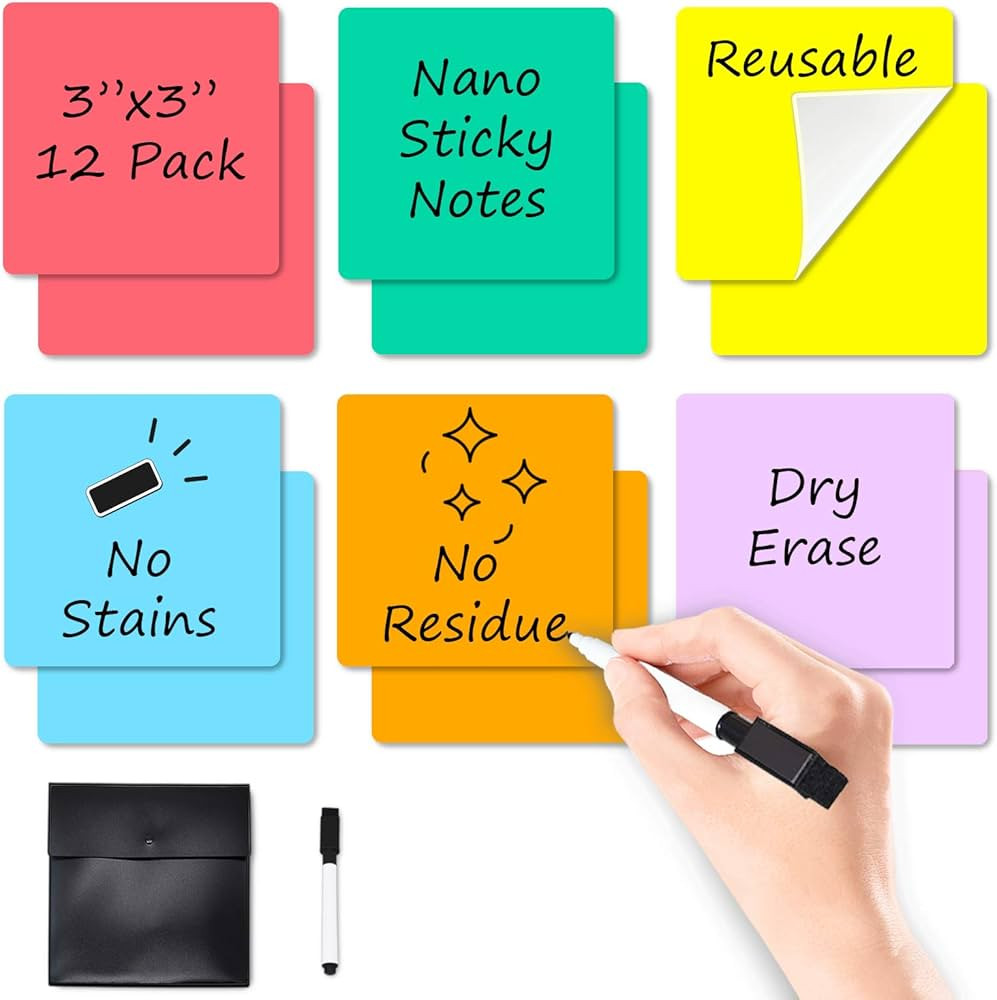 JJPRO Dry Erase Sticky Notes -6 Colors Reusable Whiteboard Stickers 3"x3"-12 Pack. Suitable for A... | Amazon (US)